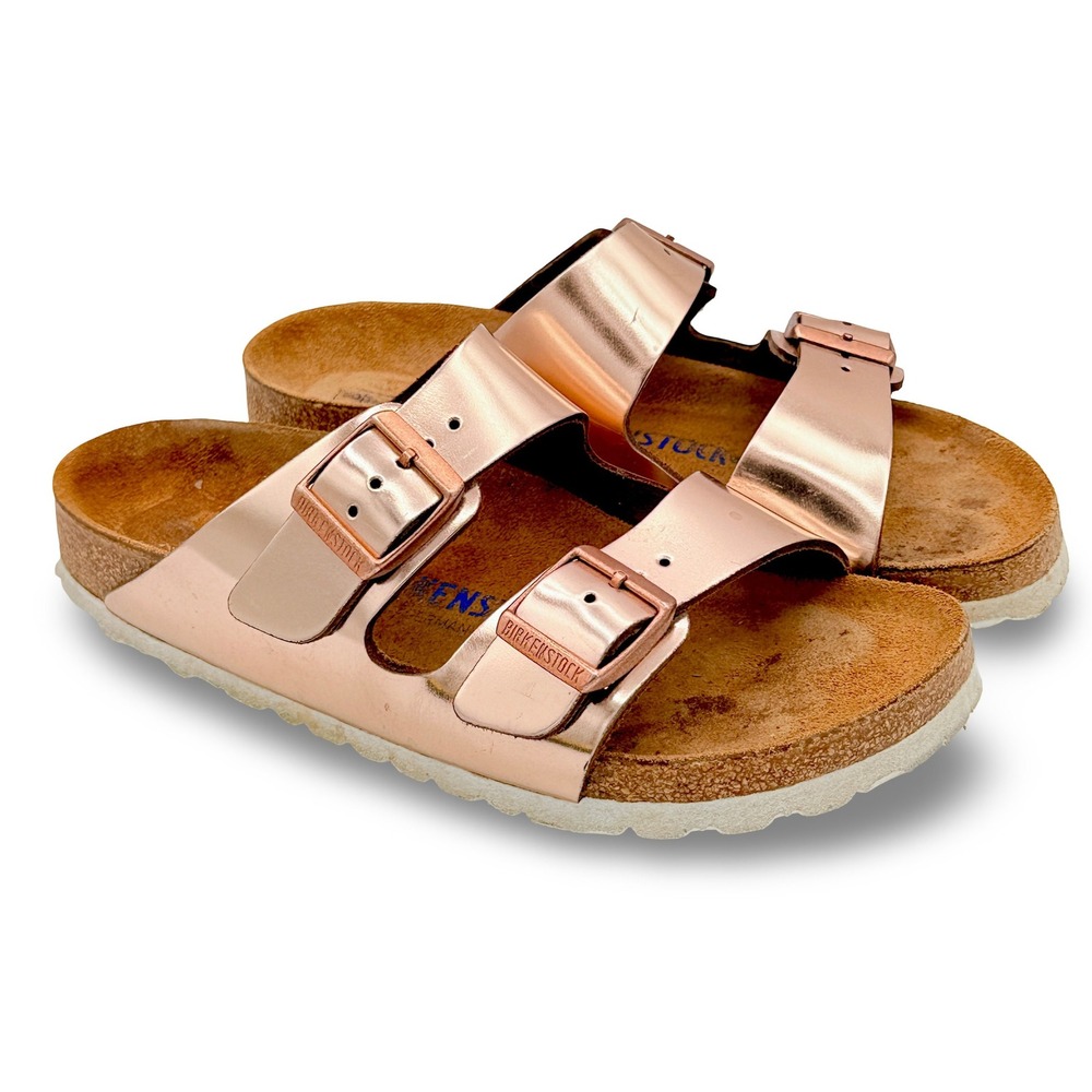 Birkenstock Women Arizona 36 5 5.5 Rose Gold Metallic Leather Sandals PInk Shoes